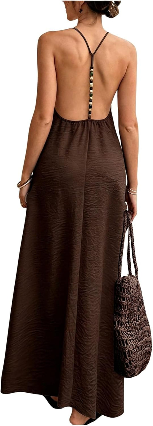 Women's Backless Cami Dresses Linen Maxi Dress Sundress Open Back Vacation Beach Summer Outfits