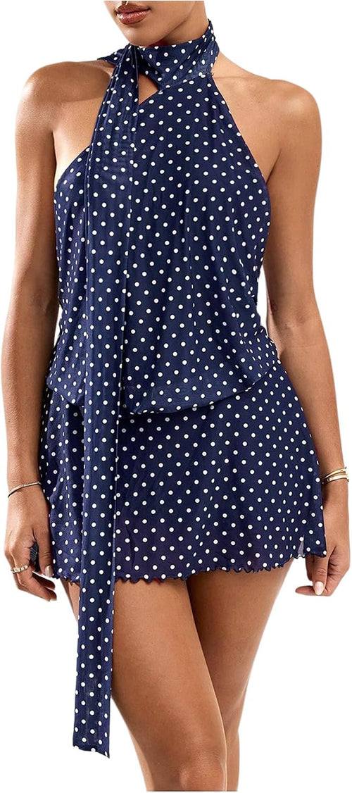 Women's Polka Dots Mini Dress Backless Sleeveless Halter A Line Party Summer Dresses