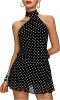 Women's Polka Dots Mini Dress Backless Sleeveless Halter A Line Party Summer Dresses