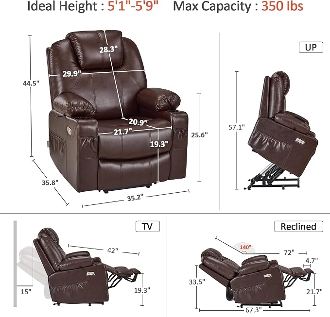 Power Lift Recliner Chair with Heat, Massage, USB-C Charging & Cup Holders