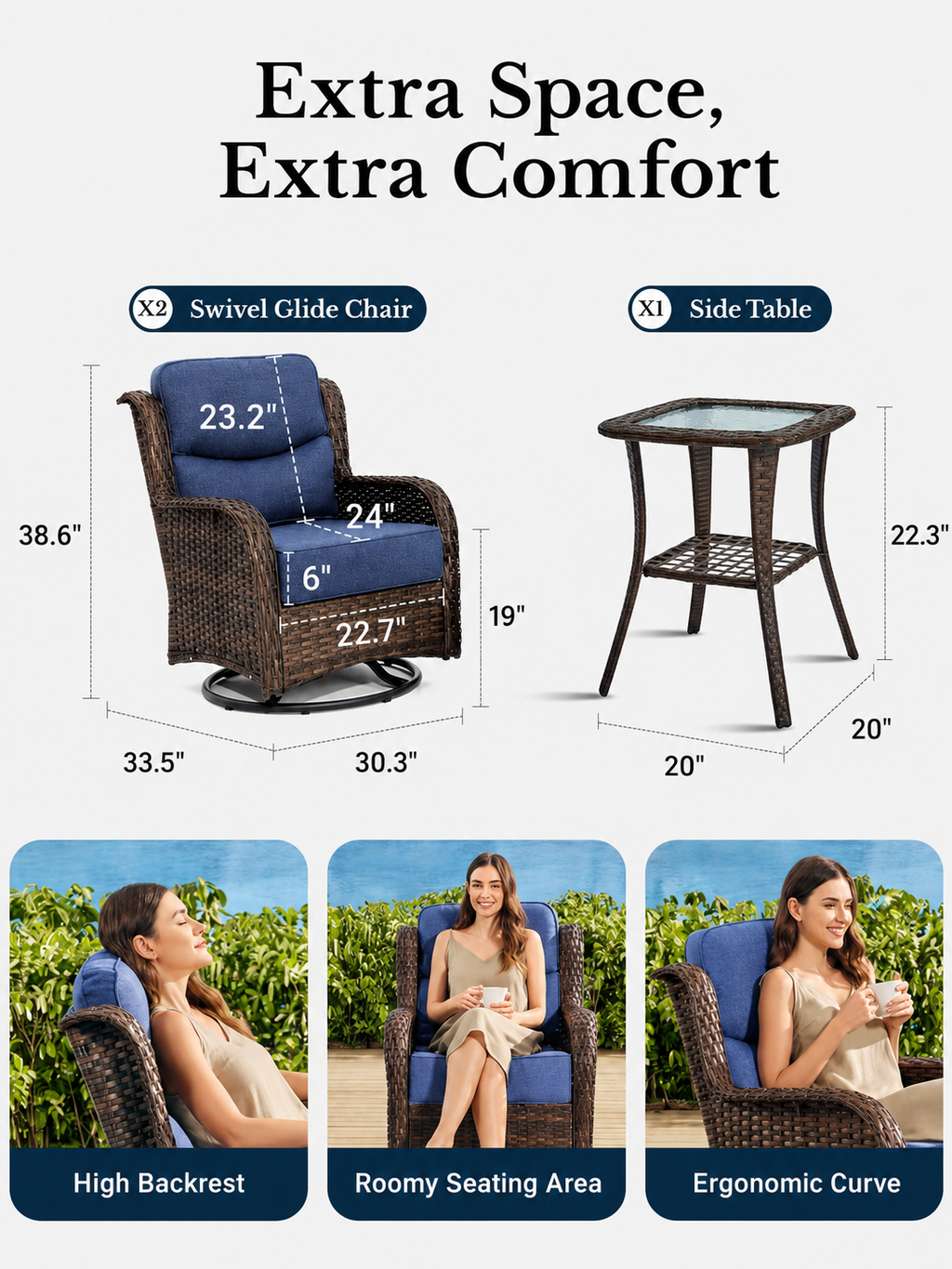 3PCS Patio Swivel Glide Chairs