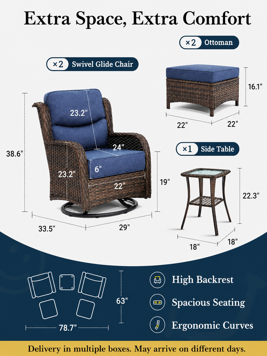 3PCS Patio Swivel Glide Chairs